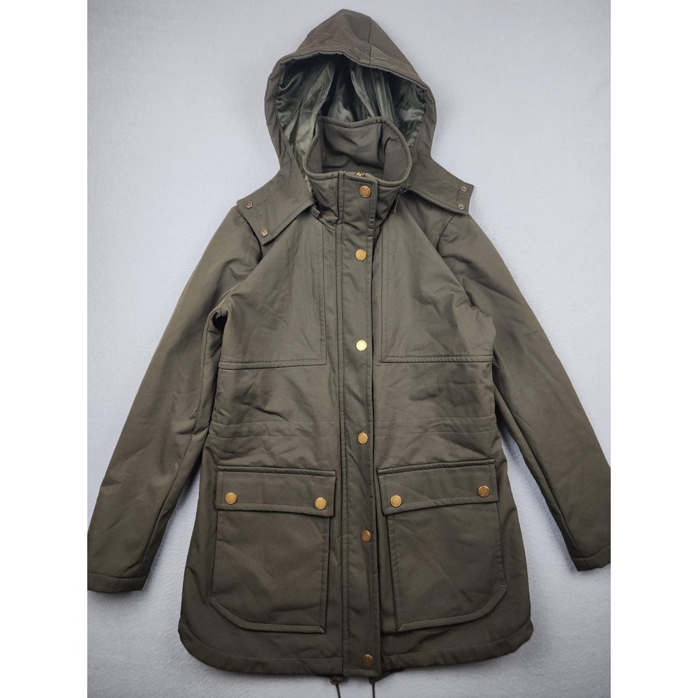 Kenneth Cole New York Coat Womens Medium Green Twill Hooded Parka Zip Pockets